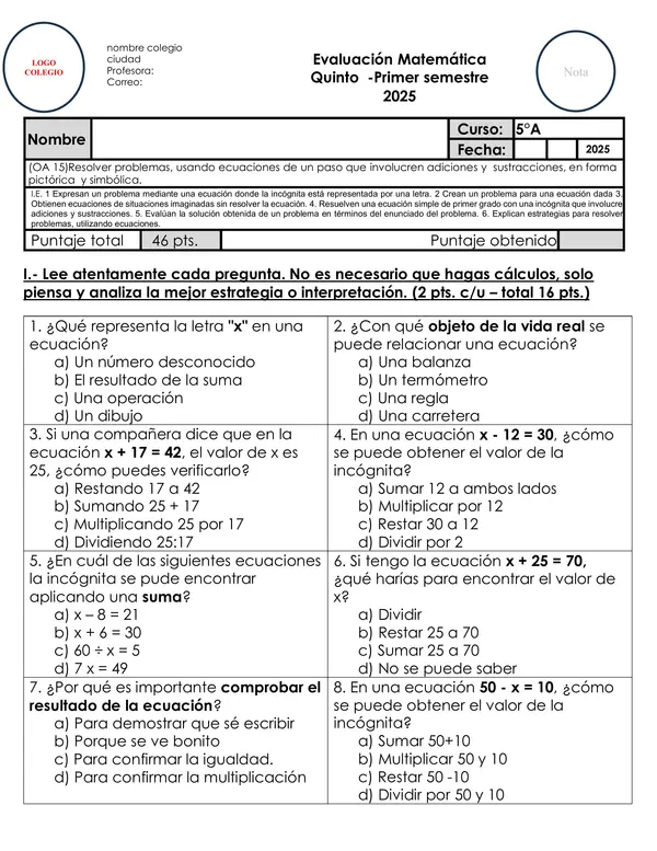 Matemática 5° Ecuaciones de un paso con sumas y restas – OA15