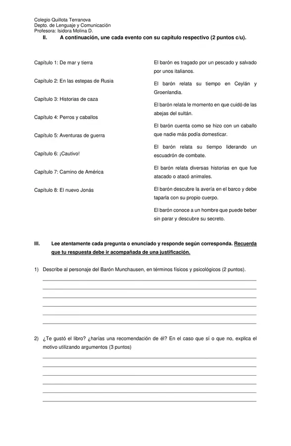 Evaluación Plan Lector "Las aventuras del Barón Munchausen"