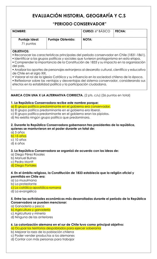 Prueba Historia 6° - Periodo Conservador 