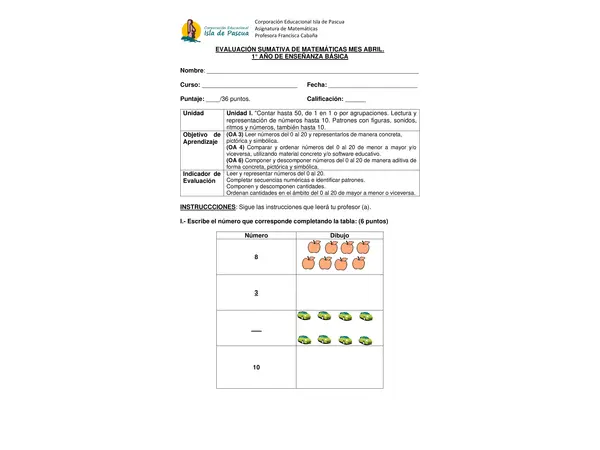 Prueba de matemáticas 1°Básico 