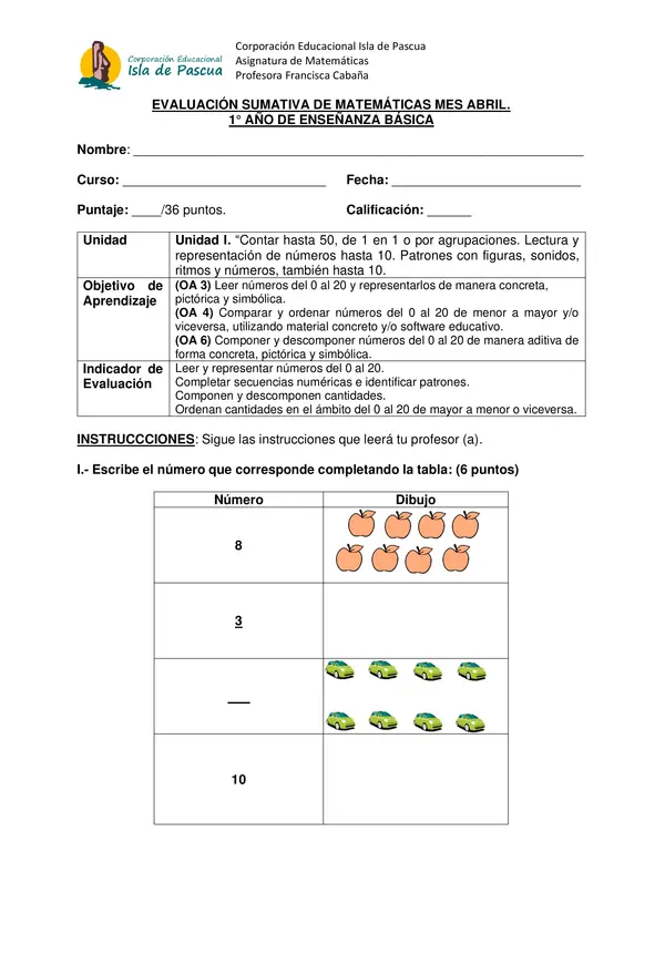 Prueba de matemáticas 1°Básico 