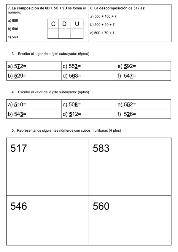 Evaluación matemática numeración familia del 500