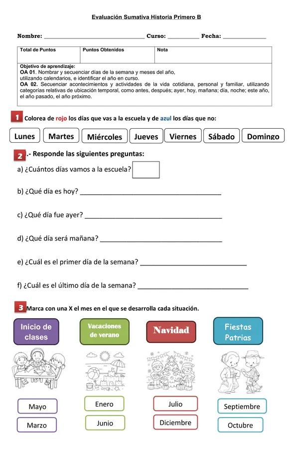Evaluación OA1 y OA2 Historia Primero Básico