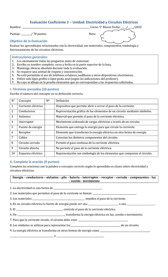 ⚡ Evaluación Electricidad y Circuitos Eléctricos – 5° Básico