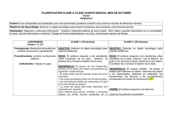 Planificación Clase a Clase: Noviembre | Tecnología Cuarto Básico