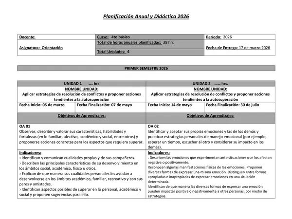 Planificación Anual Orientación 4° básico 2026