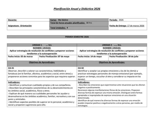 Planificación Anual Orientación 4° básico 2026