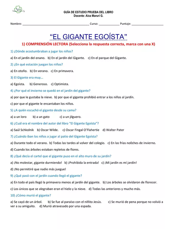 Cuestionario y guía de actividades y estudio "El Gigante Egoísta" Editable