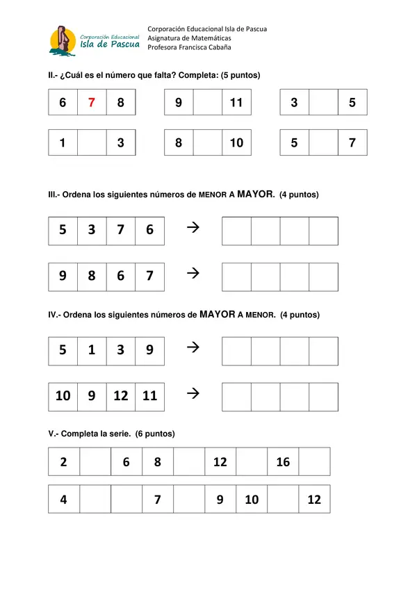 Prueba de matemáticas 1°Básico 