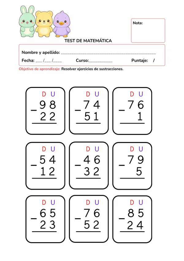 Test de Matemática: Sustracciones de dos dígitos (D y U)