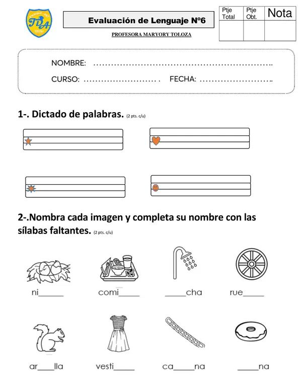 Evaluación lenguaje letra D 