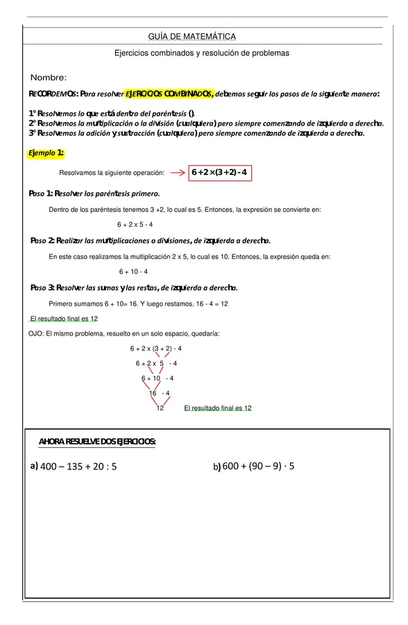 Guía de ejercicios combinados y resolución de problemas