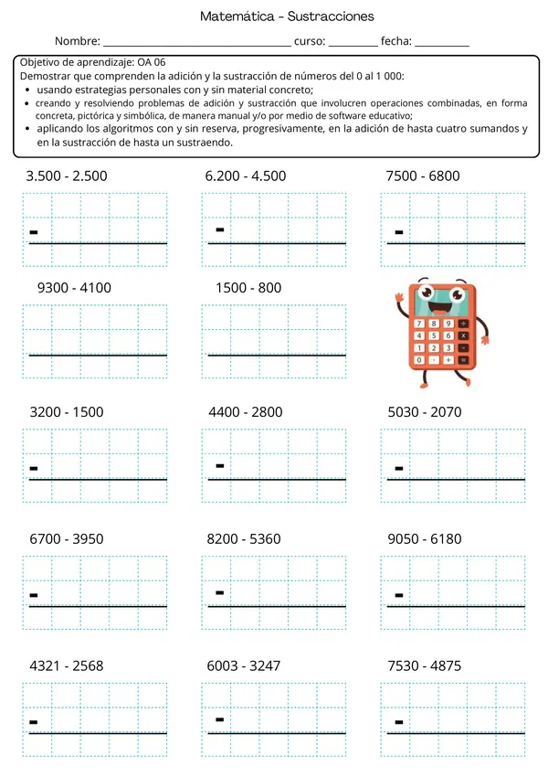 Ficha Restas y resolución de problemas hasta 10.000 | Matemática