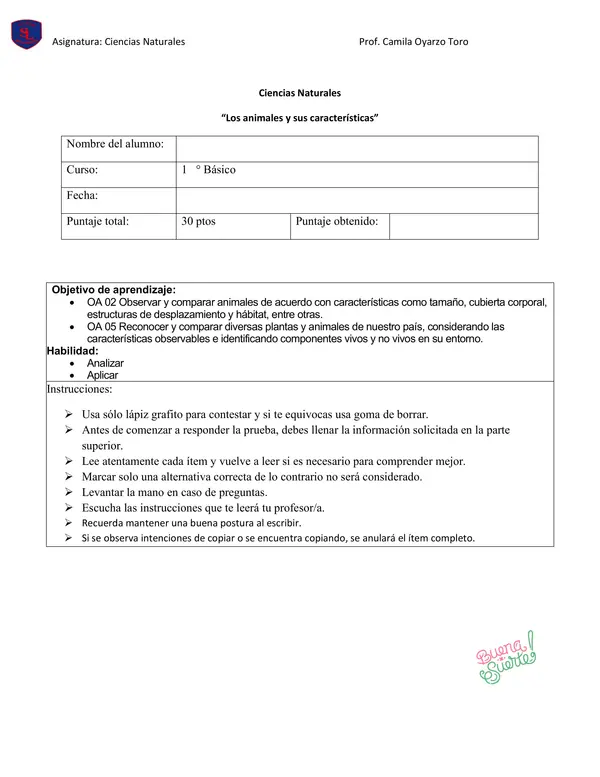 Prueba de ciencias "los animales y sus características" 1ro básico