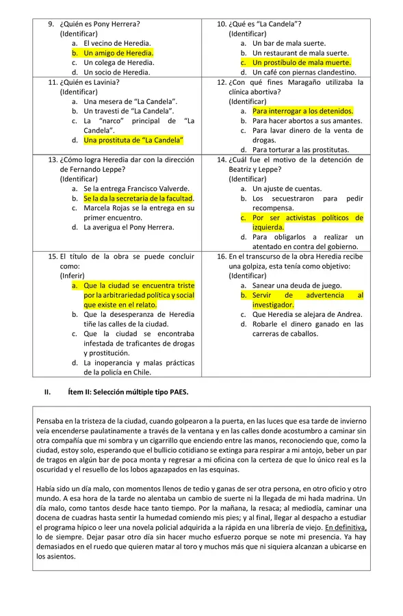 Evaluación Plan Lector "La ciudad está triste"