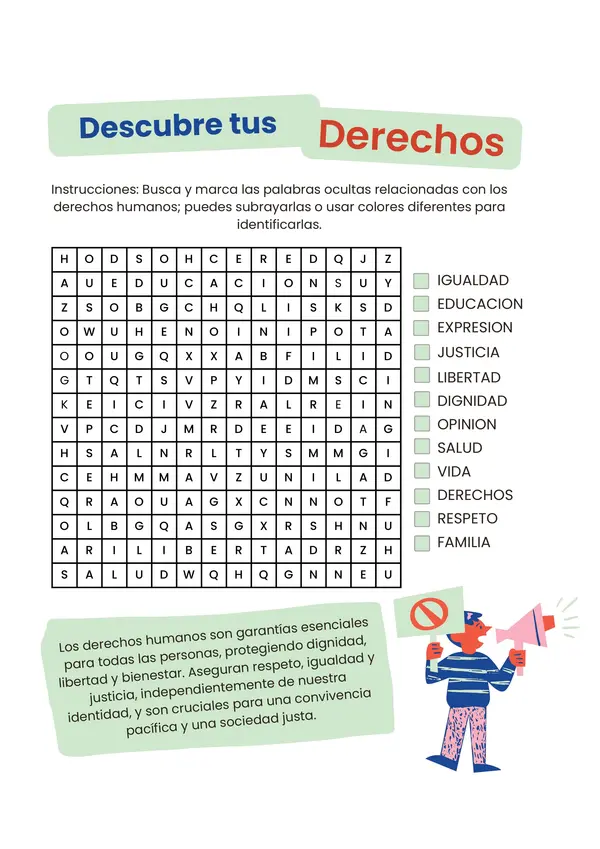 Sopa de letras Descubre tus derechos
