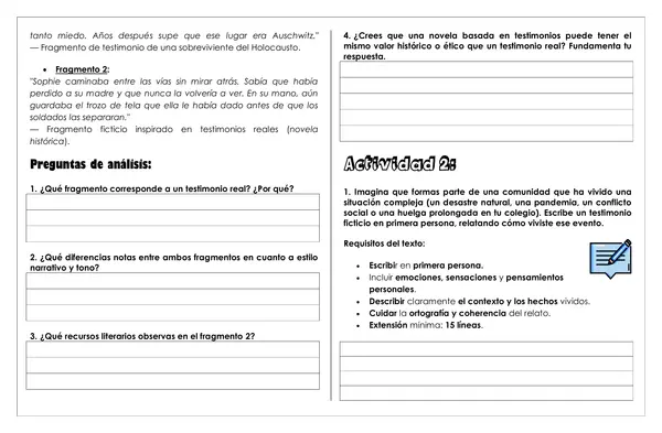 Guía de trabajo - Testimonio personal y la novela basada en testimonios