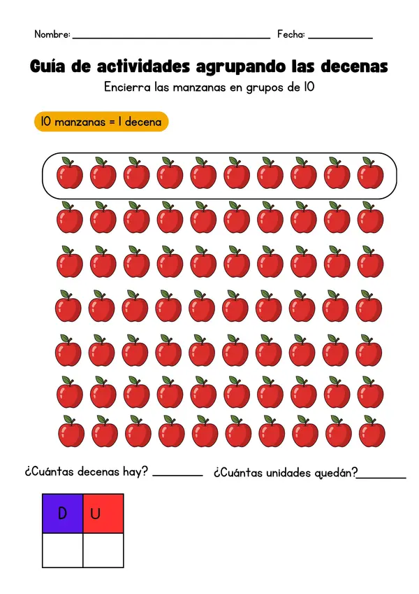 Guía de actividad Matemática "Agrupando las decenas" segundo básico
