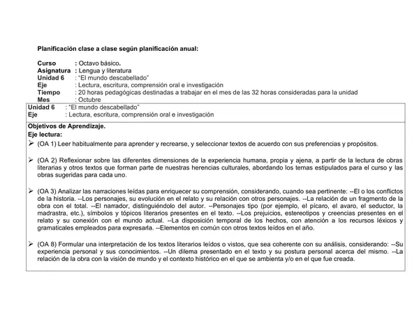 Planificación Clase a Clase: Octubre | Lenguaje y Comunicación 8° Básico
