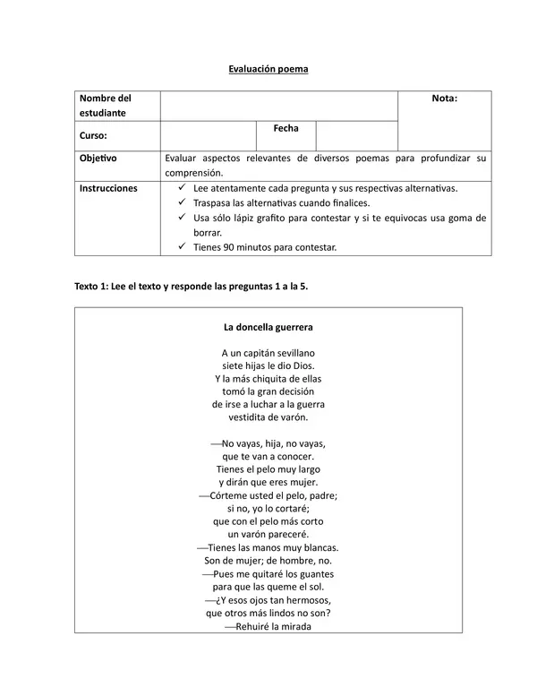 Evaluación de Poemas – 6° Básico