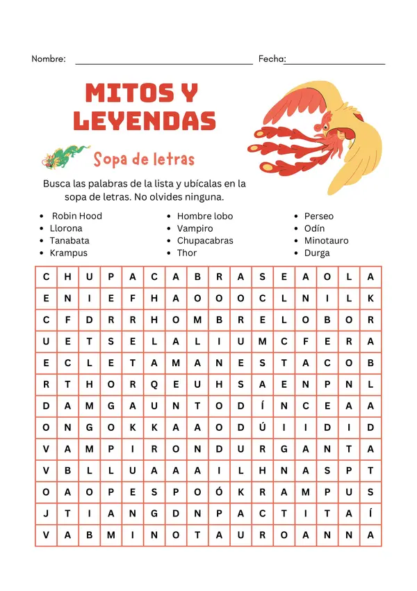 Sopa de letras Mitos y leyendas