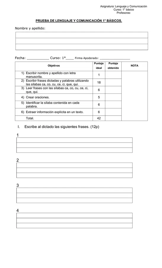 Evaluación sílabas ca co cu - ce ci - que qui