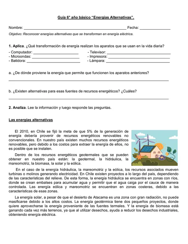 Guía artículo informativo "Energías alternativas" 6° año básico.