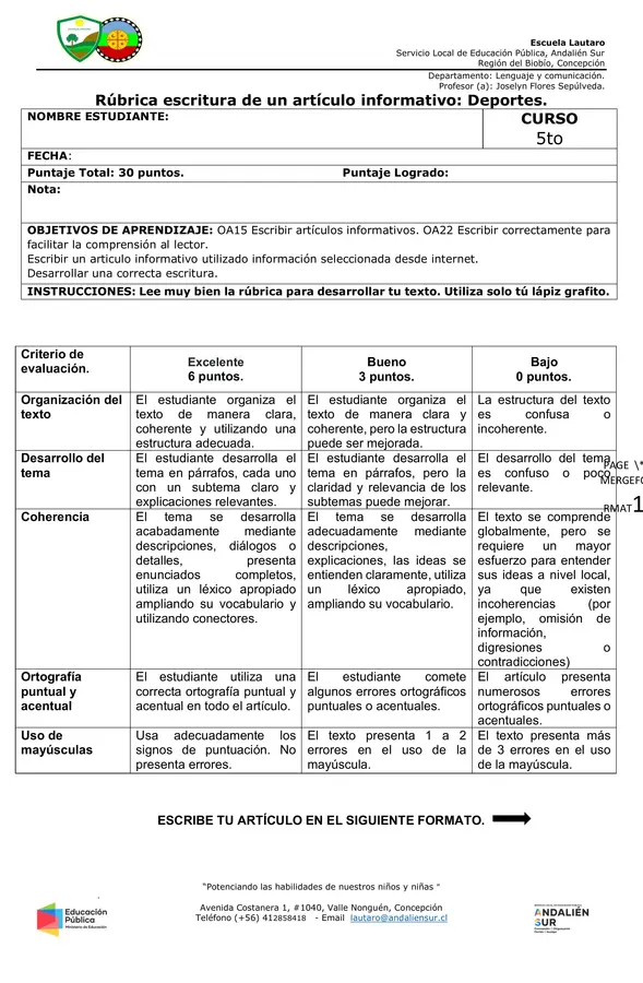 Rúbrica escritura de un artículo informativo: Deportes.