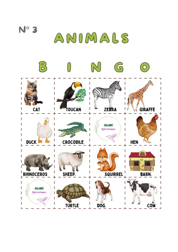 BINGO DE ANIMALES- OTOÑO EN INGLÉS