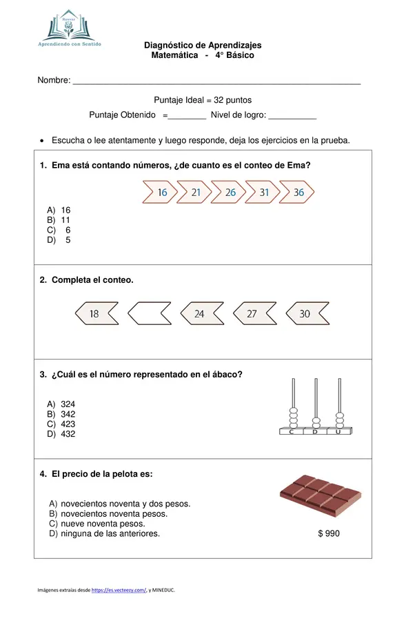 Diagnóstico Matemática 4° Básico, Número y Operatoria con pauta de respuesta.