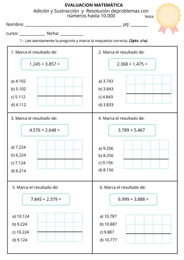 Prueba sumas, restas, resolución de problemas