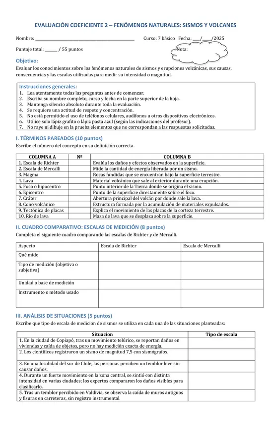 🌋 Evaluación Fenómenos Naturales: Sismos y Volcanes – 7° Básico