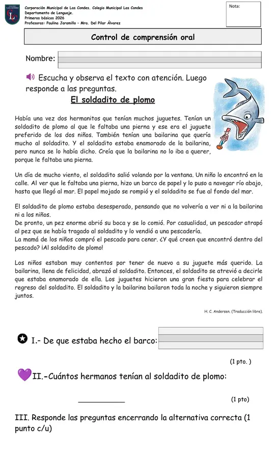 Evaluación oral control 1ero básico
