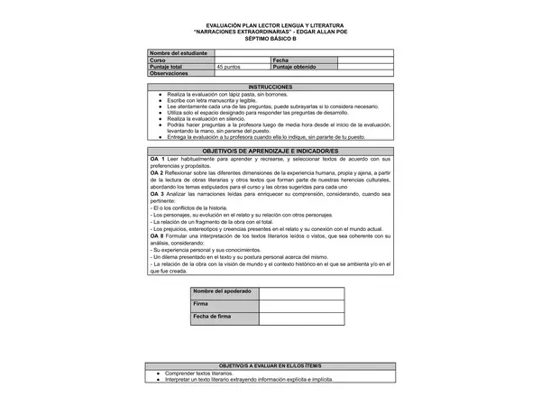 Evaluación Plan lector "Narraciones extraordinarias" 7mo Básico