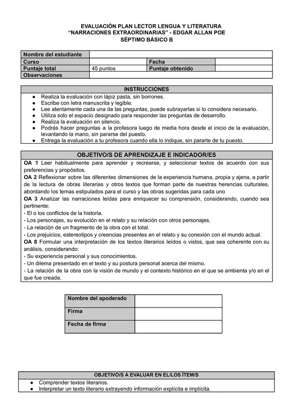 Evaluación Plan lector "Narraciones extraordinarias" 7mo Básico