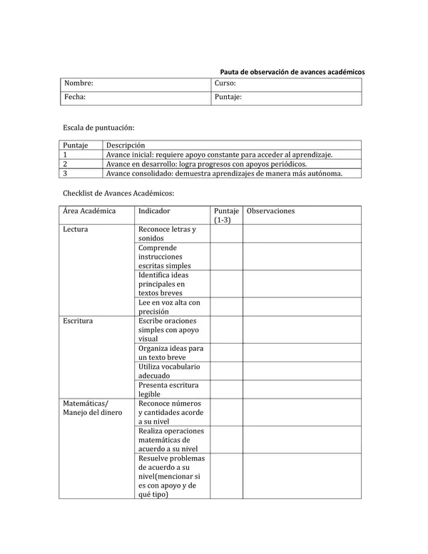 Pauta de observación de avances académicos PIE