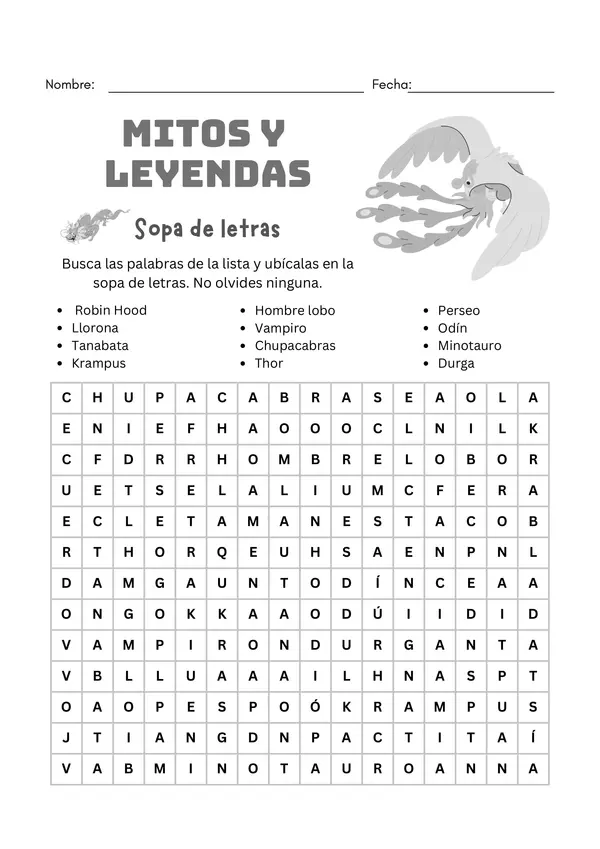 Sopa de letras Mitos y leyendas