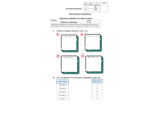 Evaluación de Matemáticas " Operatorias Combinadas"