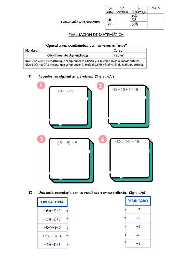 Evaluación de Matemáticas " Operatorias Combinadas"