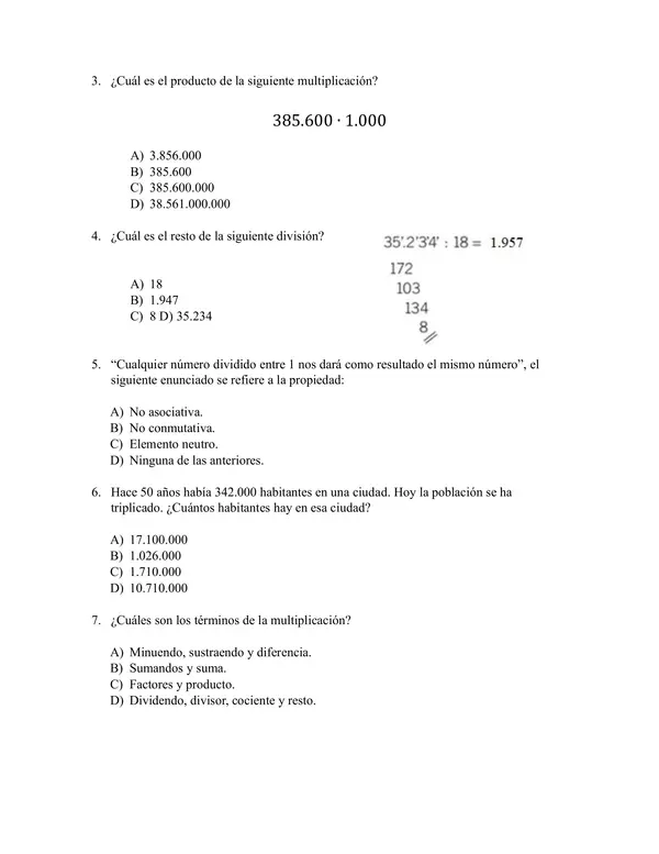 Prueba: Ejercicios y problemas de multiplicación y división