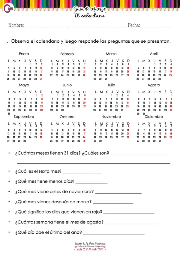 EL CALENDARIO GUÍA DE TRABAJO