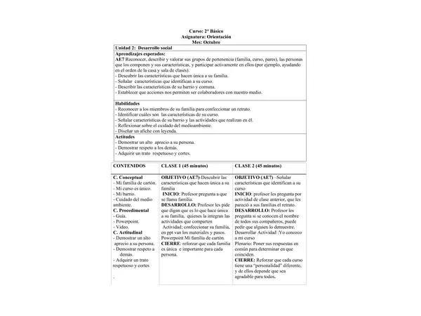 Planificación Clase a Clase: Octubre | Orientación Segundo Básico