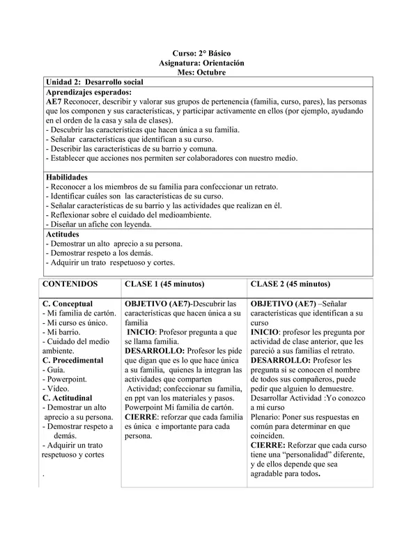Planificación Clase a Clase: Octubre | Orientación Segundo Básico