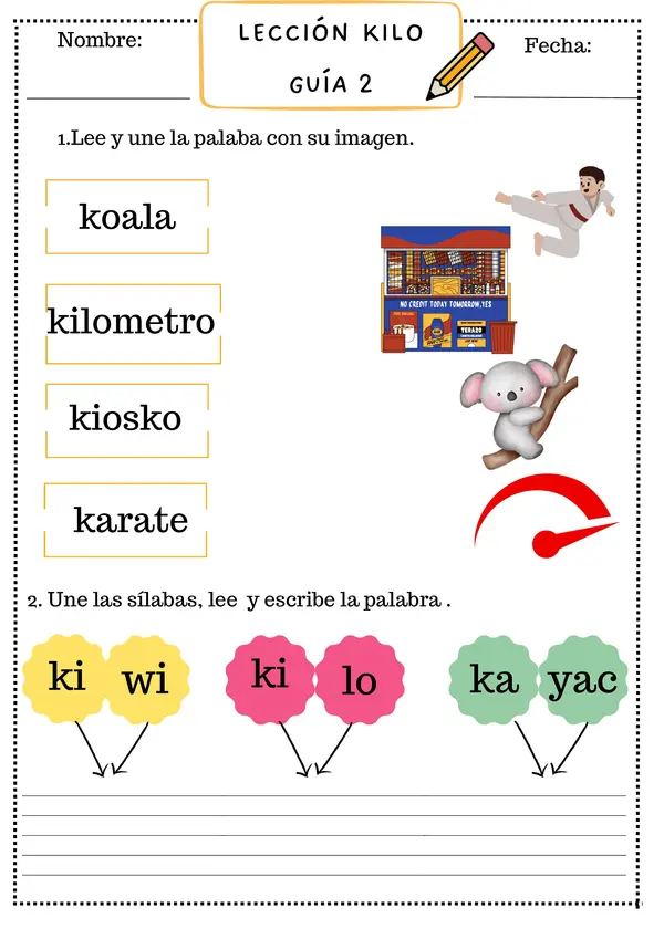 Guía Lección Kilo, letra K, Método Matte