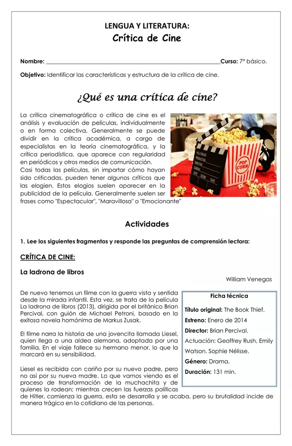 Guía de trabajo - Crítica de cine - 7° básico (Lengua y literatura)