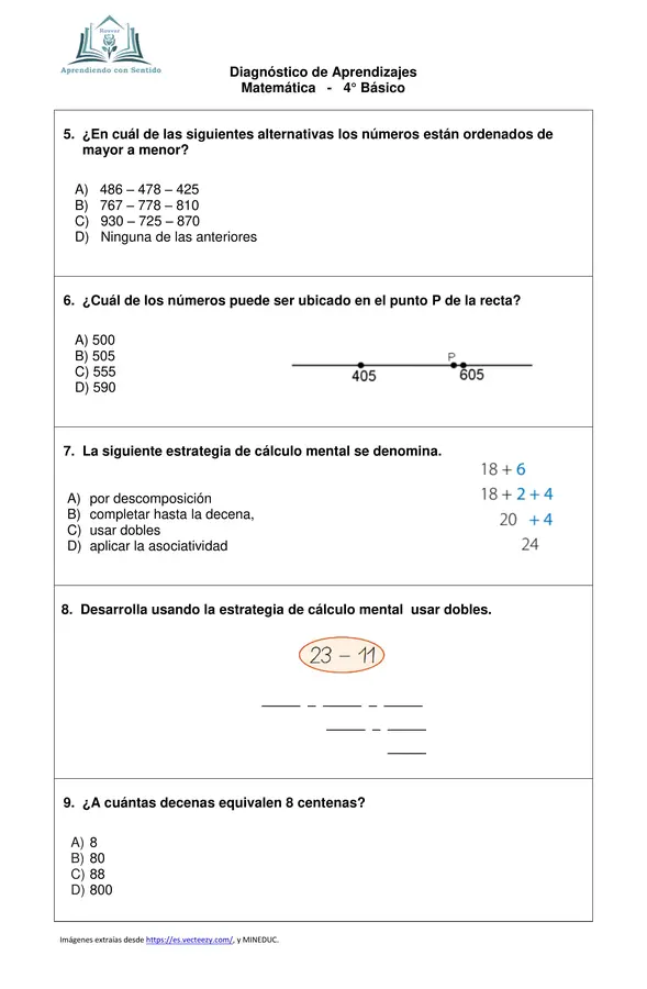 Diagnóstico Matemática 4° Básico, Número y Operatoria con pauta de respuesta.