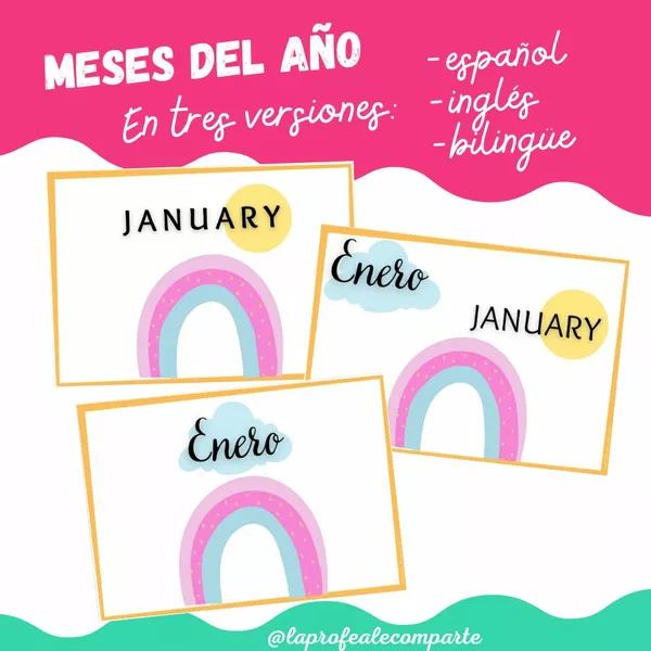 Carteles bilingües con los meses del año 