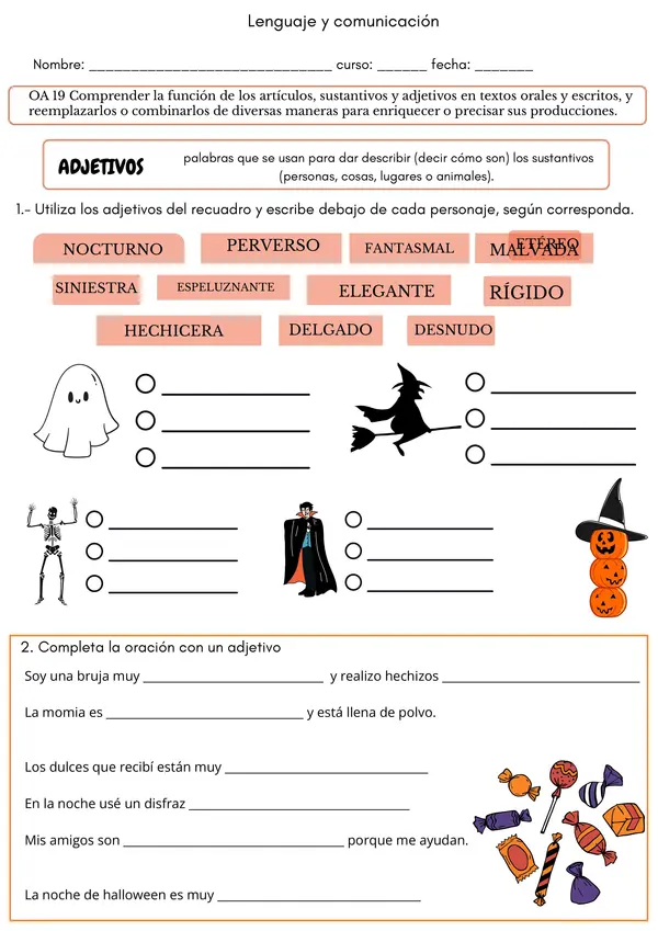 Ficha lista para usar: Halloween - Comprensión, Adjetivos y Verbos