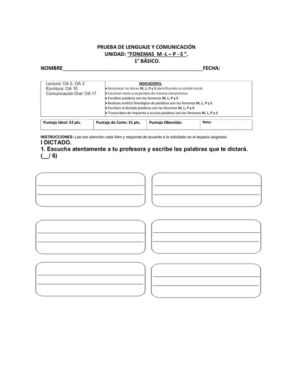 Evaluación Lenguaje letras M-L-P-S