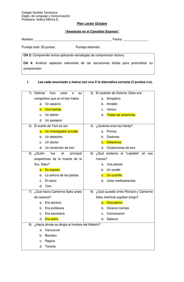 Evaluación Plan Lector "Asesinato en el Canadian Express"